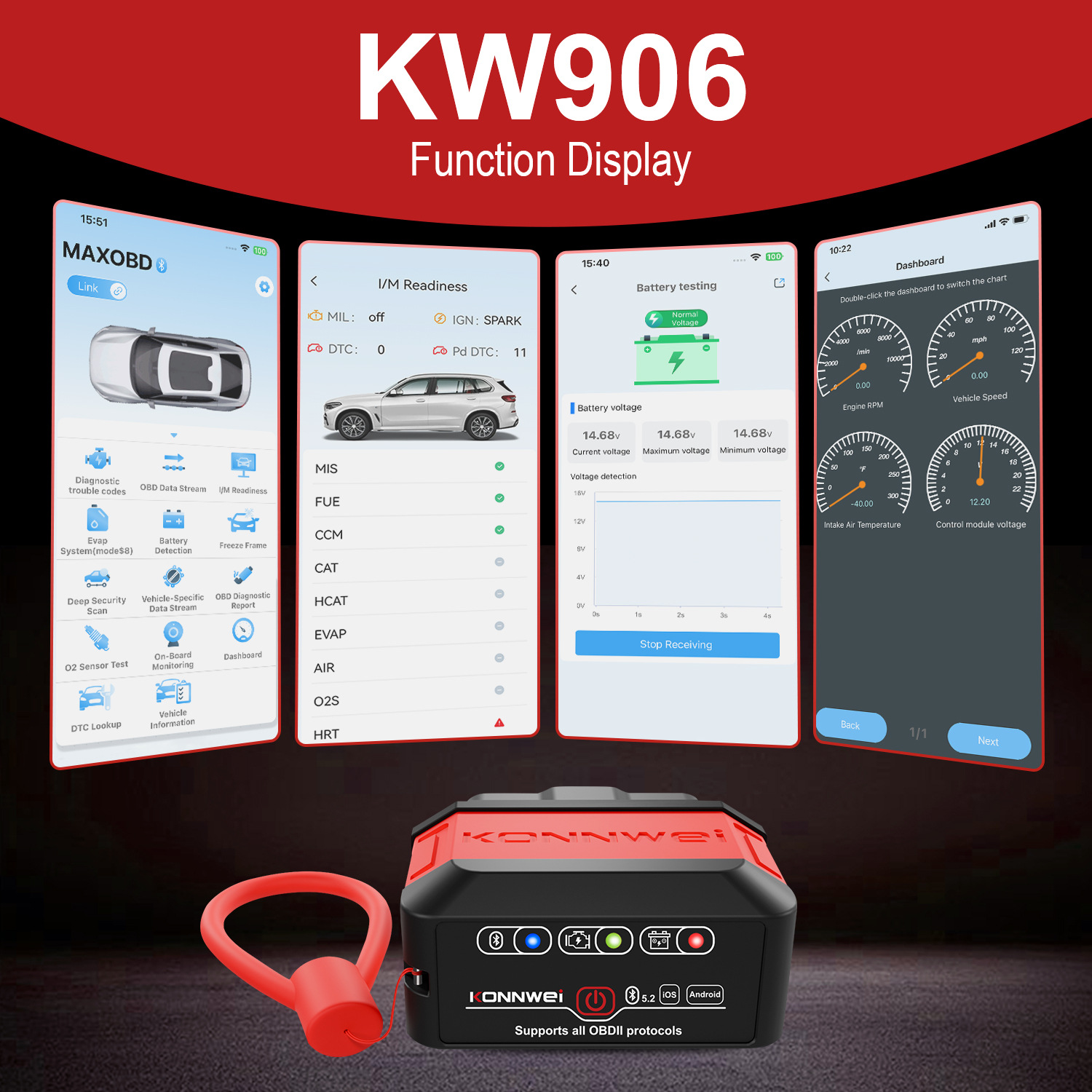 The new KW906 Bluetooth 4.0 5.0 ELM327 OBD2 supports IOS/Android dual-mode car fault diagnosis