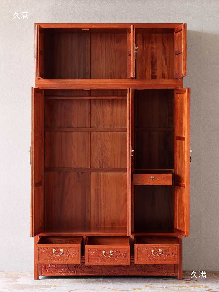 New Chinese Style Solid Wood Large Wardrobe with Four Doors, Carved Coat and Hat Storage Cabinet, Golden Rosewood Two-Door, Three-Door, Four-Door Top Box Cabinet