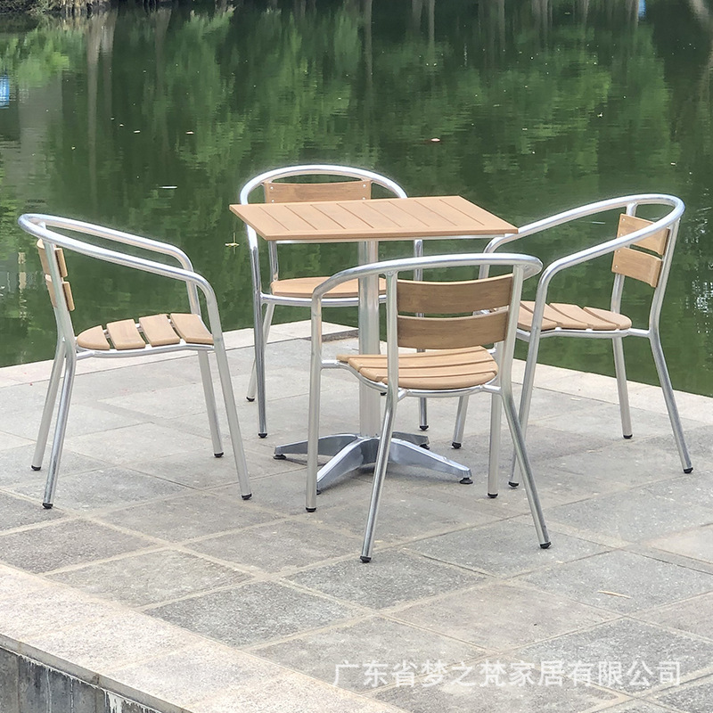Outdoor Aluminum Wood Tables and Chairs Courtyard Aluminum Wood Combination Tables and Chairs Balcony Outdoor Leisure Garden Table and Chair Set Aluminum