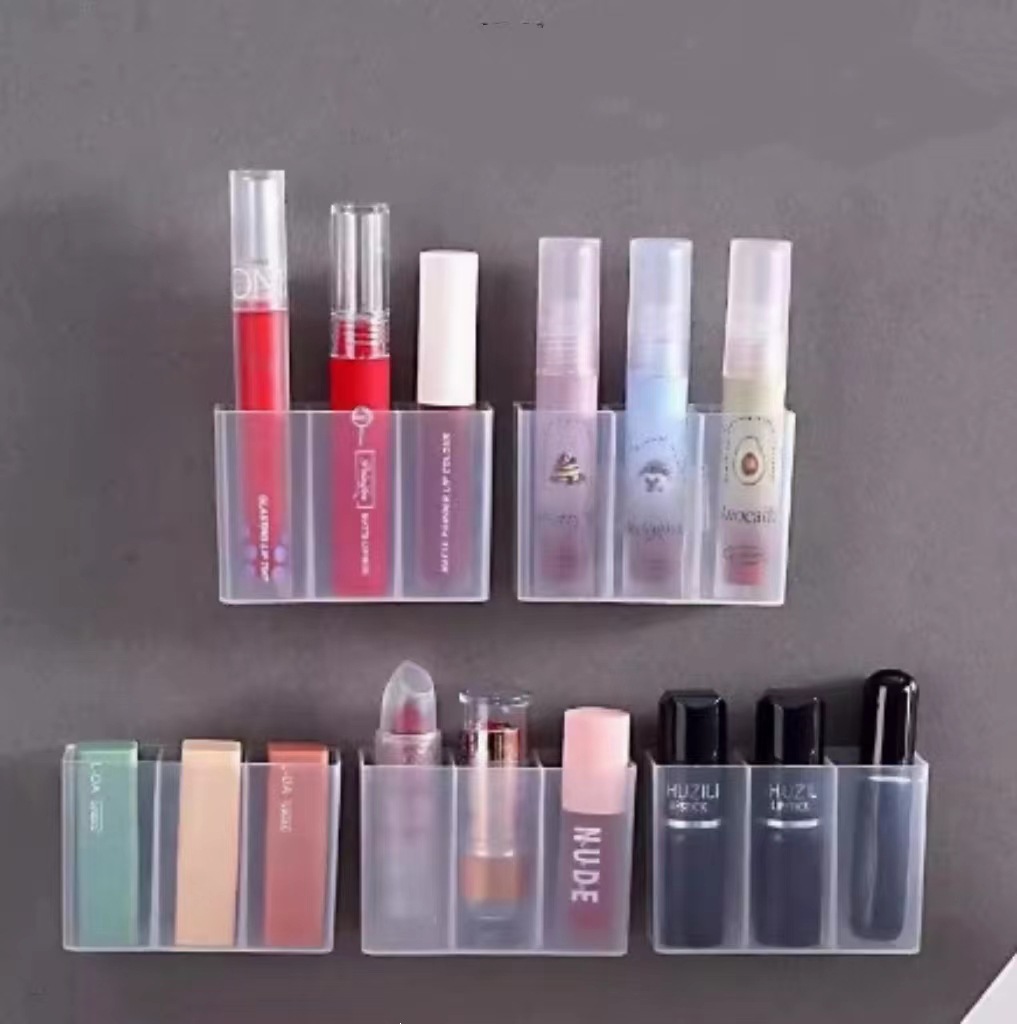 Hole-Free Wall-Mounted Compartment Box Mirror Cabinet Small Items Storage Three-Compartment Lipstick Storage Shelf