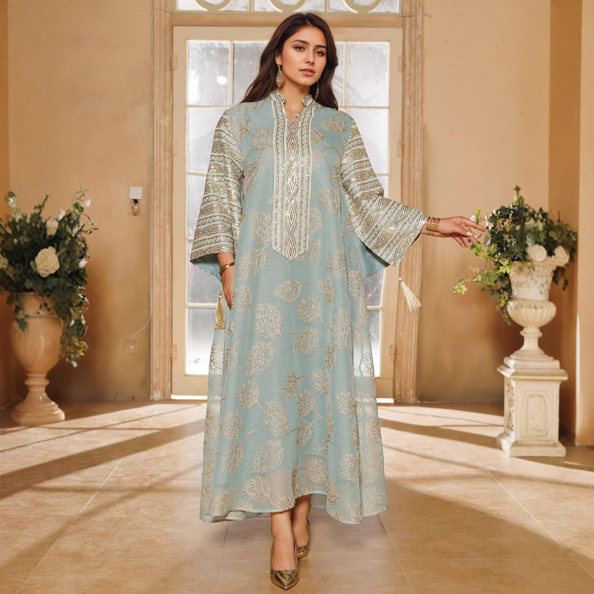 Кафтан женский с бахромой, вышивка листьями, мусульманская одежда, длинное платье, элегантное платье