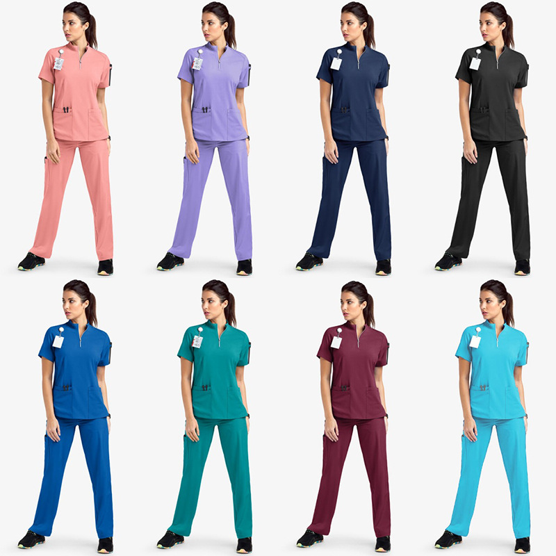 Stand Collar Zipper Hand Wash Clothes Nurse Clothes Work Clothes Suit Doctor Nurse Beauty Salon Spa Work Clothes for Men and Women