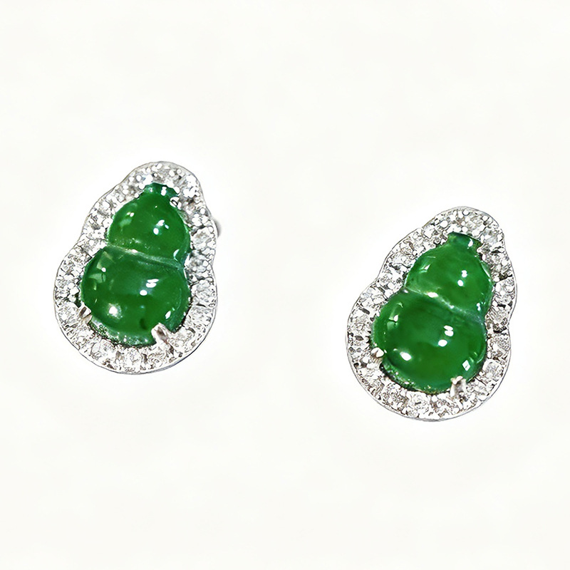 Pt950 Platinum Cultured Diamond Gourd Full Diamond Jade Earrings