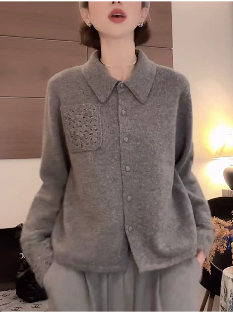 Lapel Sweater Women's Autumn and Winter Lazy Style Soft and Waxy Loose Slimming Look Age-Reducing Lace Crochet Knitted Cardigan Top