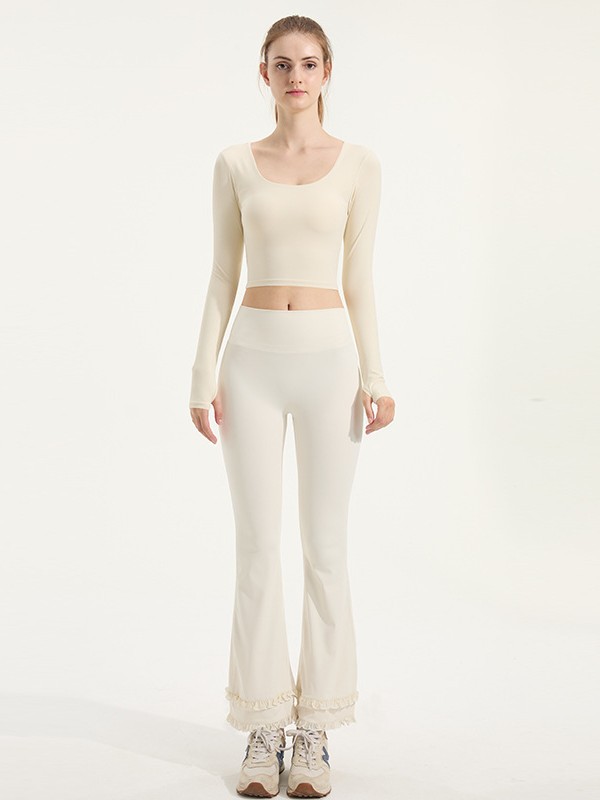 Autumn and Winter Cross-Back Yoga Wear Long-Sleeved Women's One-Piece Fixed Cup Slim Backless U-Neck Sports Fitness Top