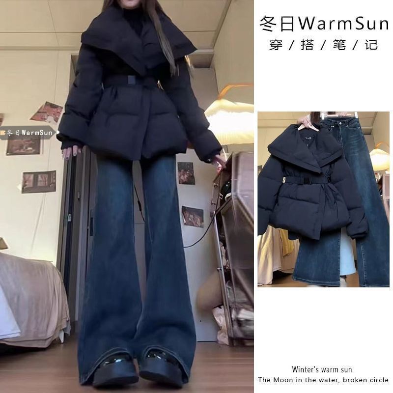 Winter Women's Cotton Coat with a Turn-Down Collar, New Design with Tie Waist, Warm Puffer Jacket, Trendy Cotton Clothing