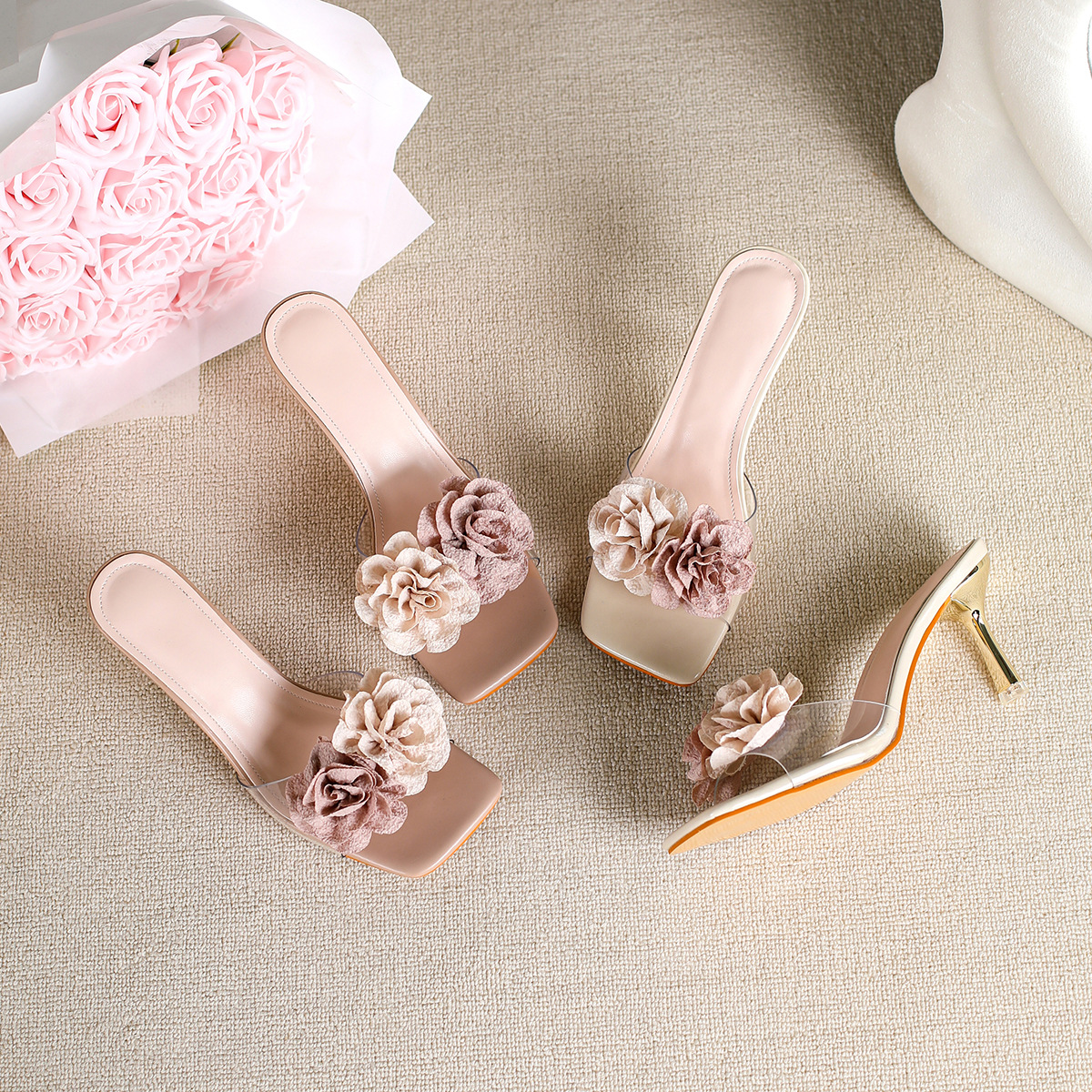 High-Heeled Half-Slip Sandals for Women 2025 Summer New Square-Toe Camellia Stiletto High-Heeled Shoes Leak-Toe Versatile Flats for Women