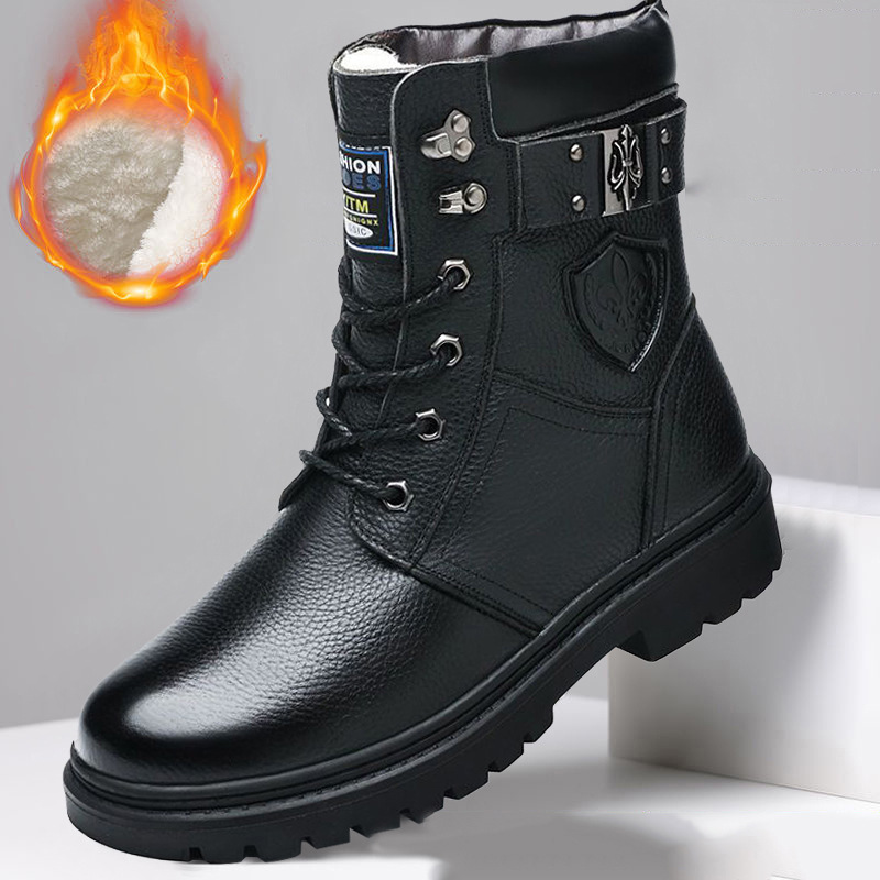 Martin boots men's first layer cowhide cotton shoes men's winter fleece-lined extra thick snow boots high-top genuine leather boots overalls boots