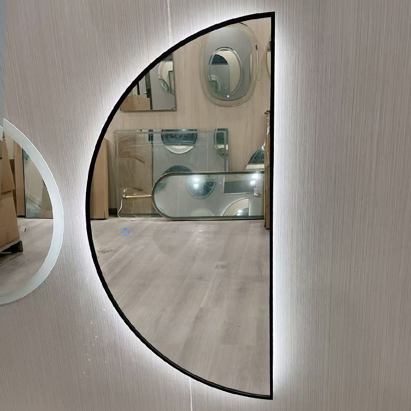 Semi-Circular Led Light with Mirror Wall-Mounted Framed Bathroom Semi-Circular Mirror with Light Touch Sensor Defogging Smart Mirror