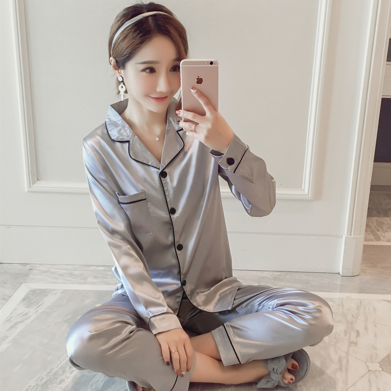 Imitation Silk Pajamas Women's Autumn Long-sleeved Ice Silk Two-piece Set Korean Casual Cardigan Silk Pajamas Outwear Home Clothes