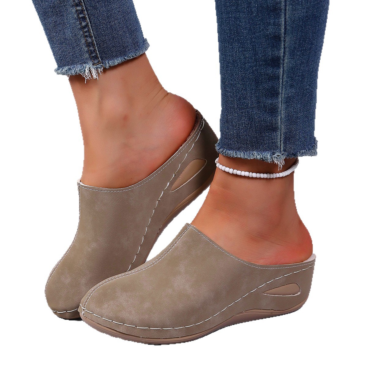 Cross-Border Women's Toe-Toe Thick-Soled Slippers 2025 Export Autum New Large Size Round-Toe Fleece-Lined Wedge-Heeled Slippers Wholesale