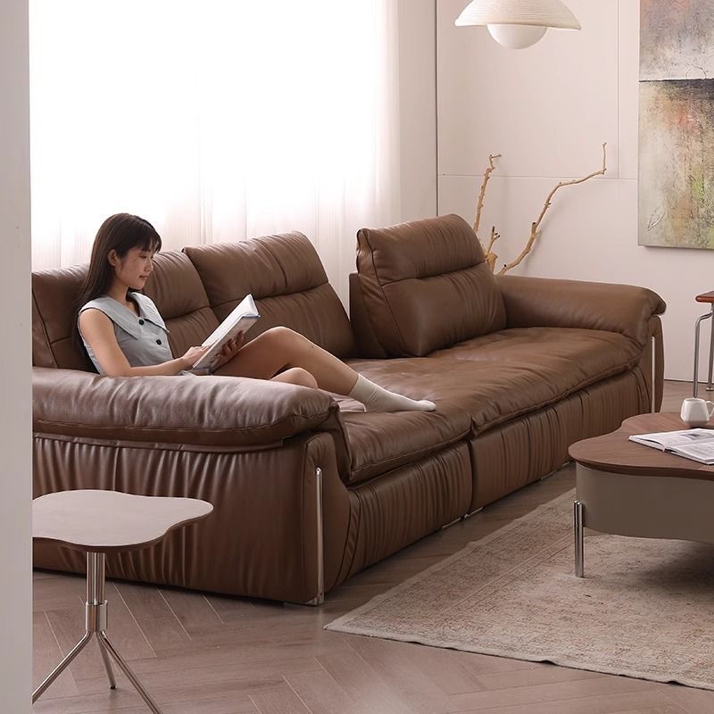 New Italian-Style Leather Sofa with Adjustable Seat Depth, Straight-Row High Backrest, Sweet Persimmon Cloud Sofa for the Living Room