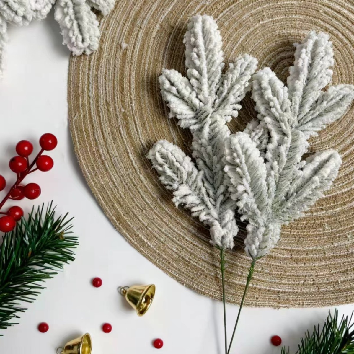 Cross-Border Christmas Snowflake Flocking Five-Pronged Snowflake Five-Pronged Flocking Pine Needle Branch Christmas Indoor Decoration