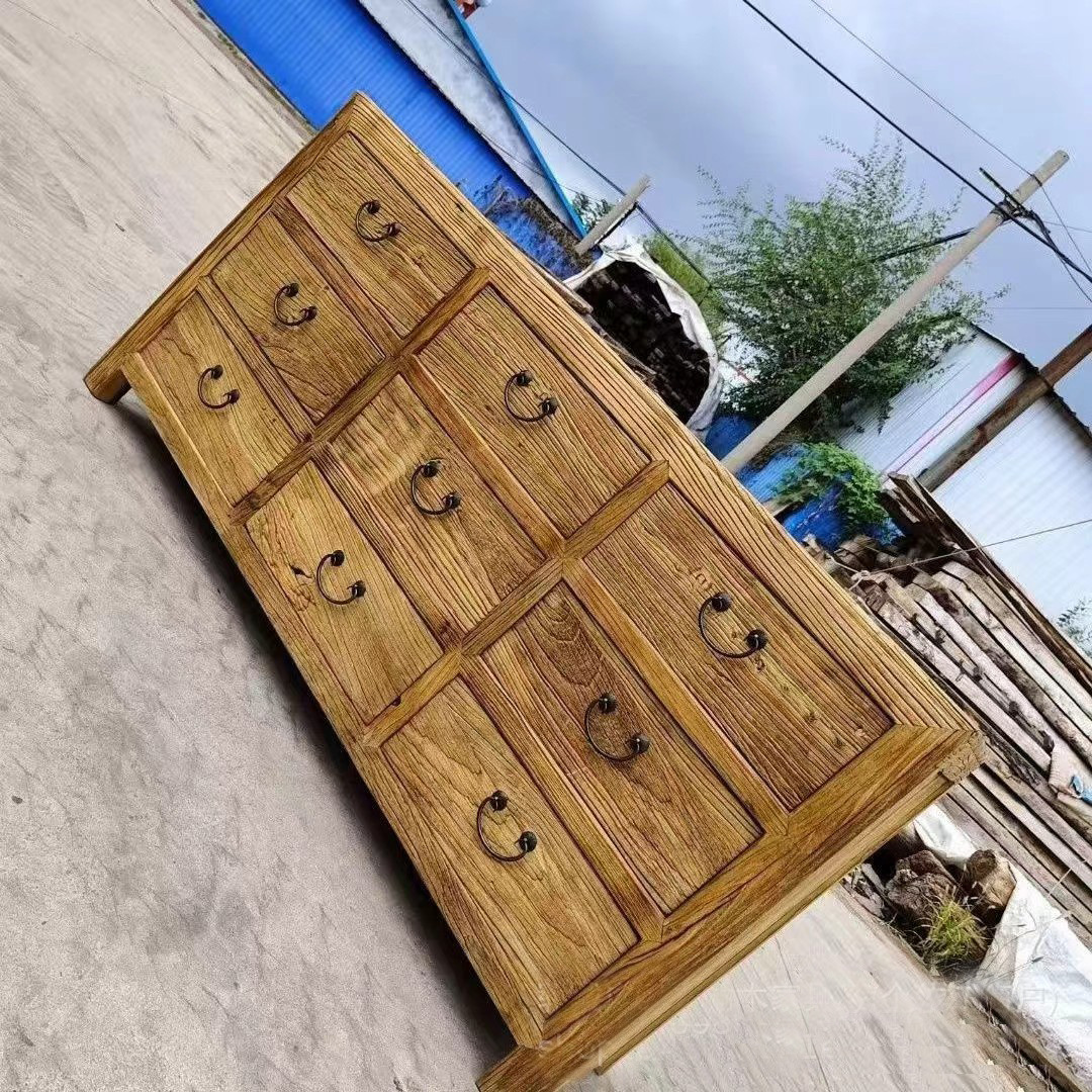 Old Elm Chinese Medicine Cabinet Multi-Compartment Cabinet Classical Chinese Medicinal Material Display Cabinet Weathered Old Door Panel Solid Wood Cabinet Manufacturer