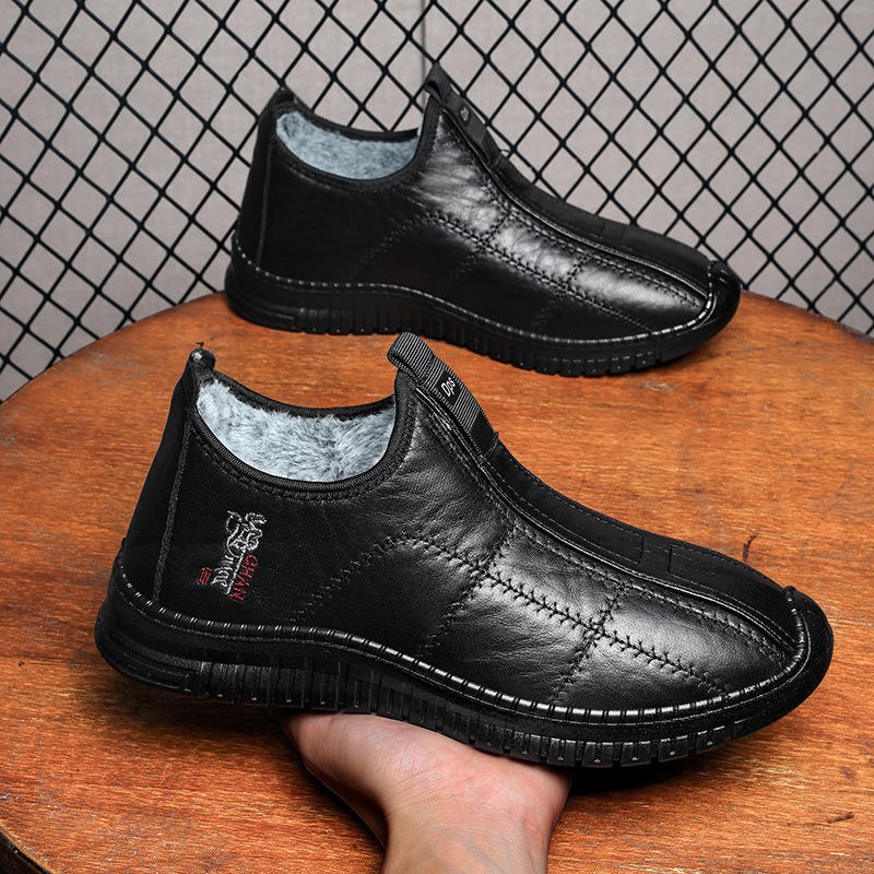 Winter Cotton Shoes for Men, Warm Plus Velvet and Thickened Casual Leather Shoes for Men, Non-Slip Shoes for Middle-Aged and Elderly Dads, Cross-Border Dropshipping