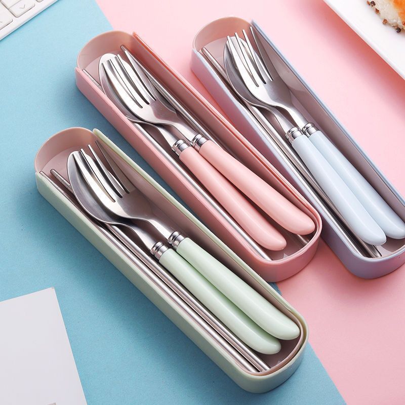 Portable Tableware Set Stainless Steel Spoon Chopsticks Fork Household Student Children Simple Tableware Three-Piece Set Cross-Border