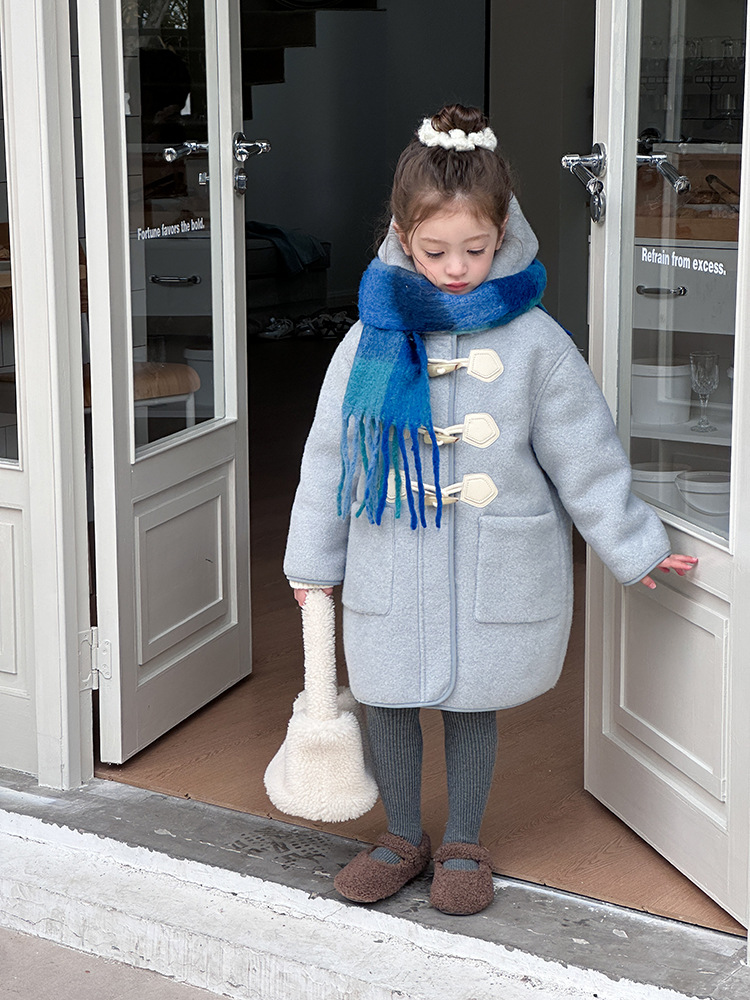 [Fleece and Thickened] Girls Korean Style Western Style New Year Style Mid-Length Hooded Woolen Coat