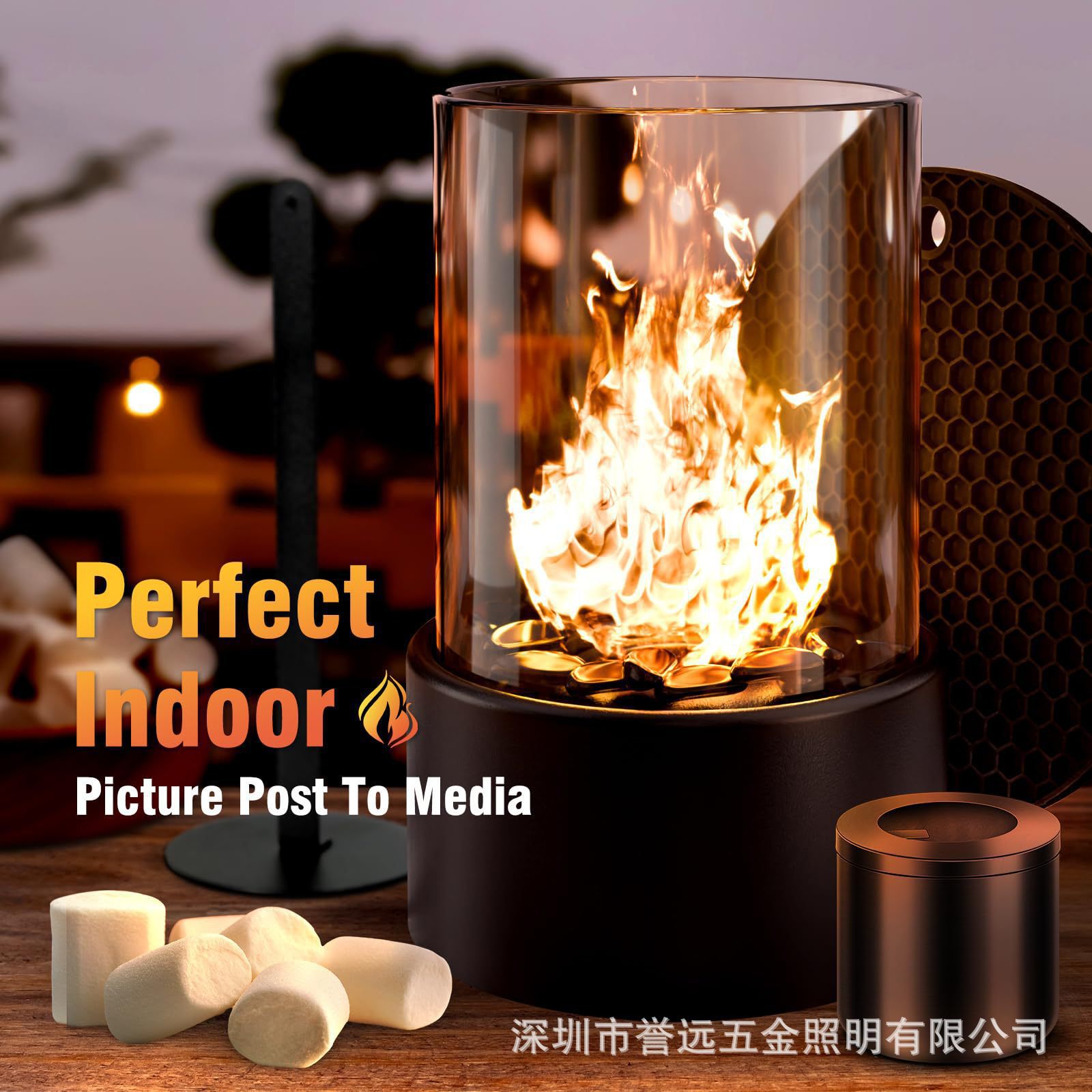 Creative Alcohol Fireplace Real Fire Glass Metal Black and White Stone Small Round Table Top Outdoor Atmosphere Decoration for Heating