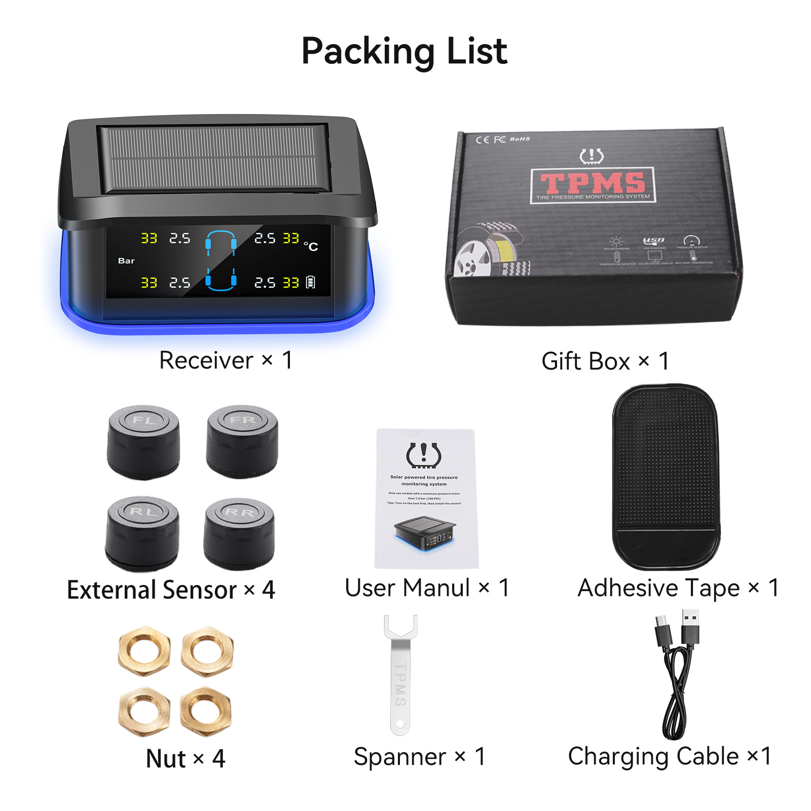 Tire Pressure Monitor Type-C Charging Port with Ambient Light Alarm Light Built-In and External Optional Support Laser Engraving, Etc