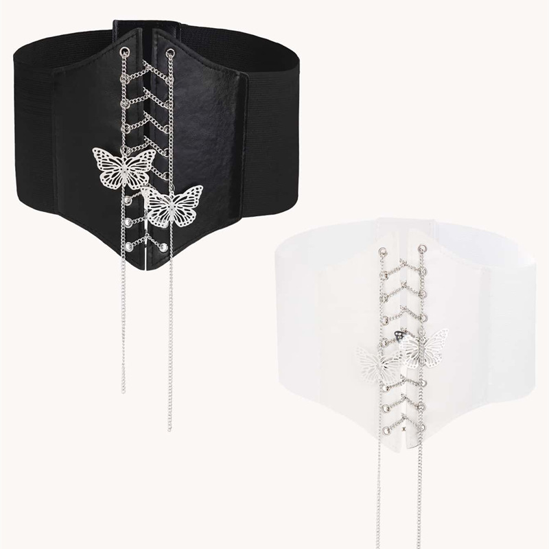 Amazon Women's Elastic Waistband Butterfly Chain Wide Waistband Tactical Thai Elastic Music Festival Hip-Hop Belt