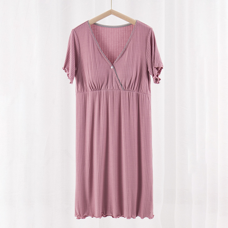 Nursing Dress V-Shaped Cross Neckline Home Confinement Clothing Can Be Inserted into the Cup Nursing Pajamas Fashionable and Versatile
