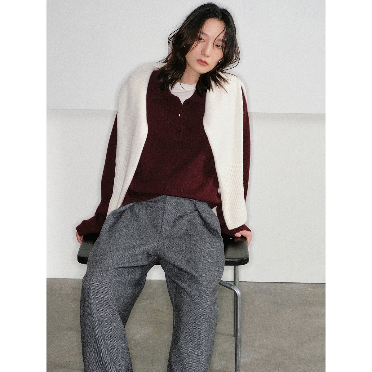 Juslin High-Quality Wool M*Iu Layered Retro Versatile Polo Lapel Knitted Sweater K1113