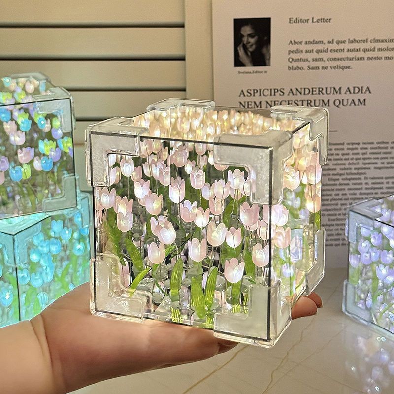 Handmade DIY Tulip Flower Sea Rubik's Cube Night Light Material Package 520 Chinese Valentine's Day Girlfriend Couple Best Friend Birthday Gift