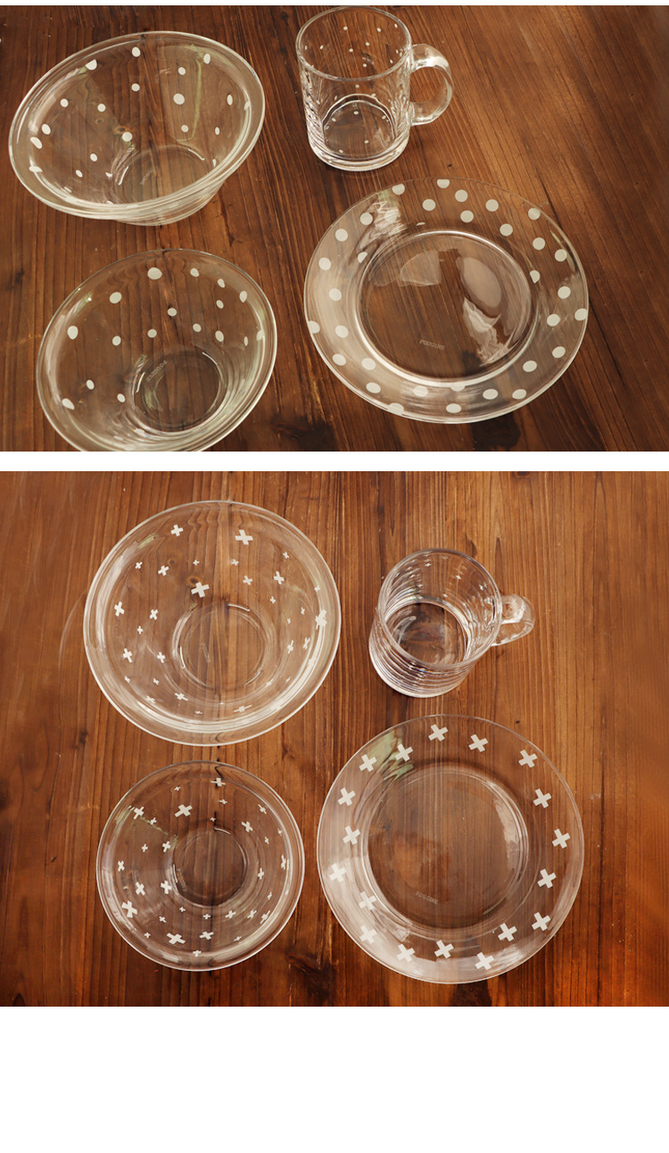 Fresh polka dot series glass tableware suit ins style Bowl plate cup oatmeal bowl breakfast cup cereal bowl