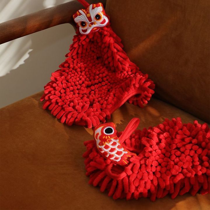 Hand towel hanging wedding red festive cute chenille handball towel kitchen bathroom lion dance handkerchief