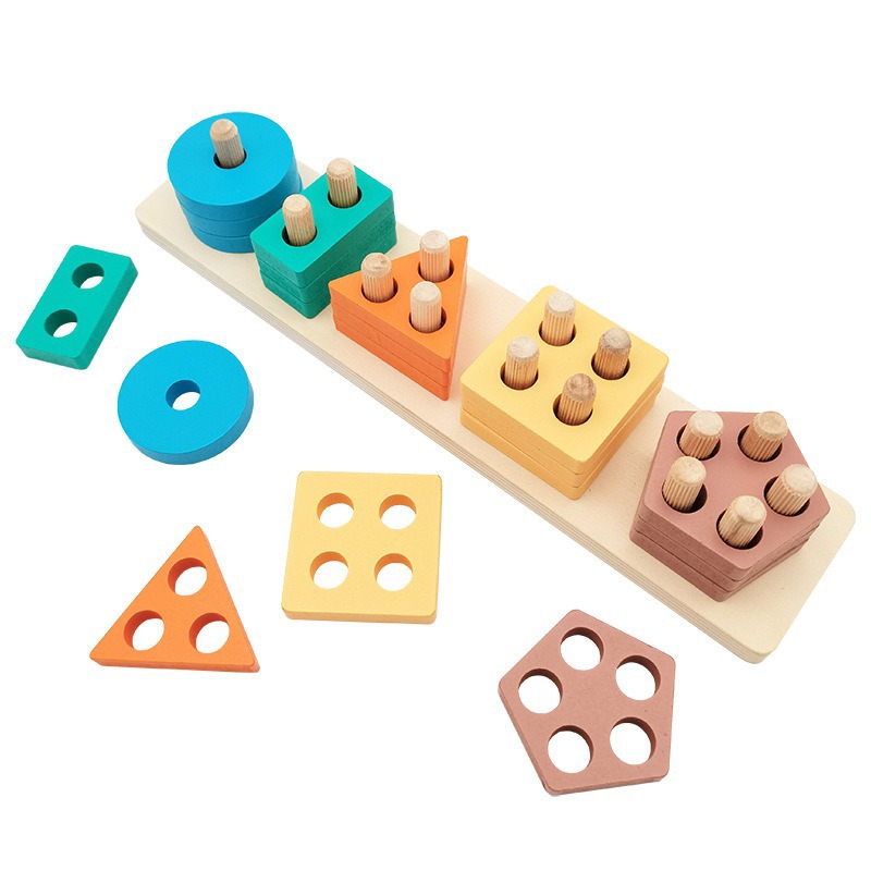 CE Wooden Sleeve Column Young Children Montessori Early Education Geometric Shape Building Blocks Matching Color Cognitive Classification Educational Toys