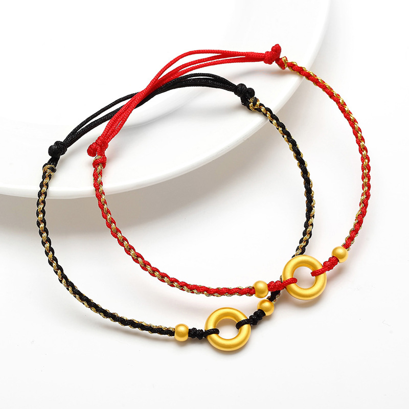 999 Gold Safety Buckle Gold Anklet Women's Pure Gold Benmingnian Red Rope Anklet Woven Ancient Method Transfer Bead Anklet