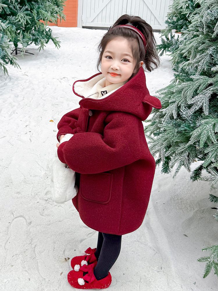 Girls' Woolen Outwear Autumn and Winter 2025 New Kidsren's New Year's Clothing Baby Fleece-Lined Red Woolen Outwear Mid-Length