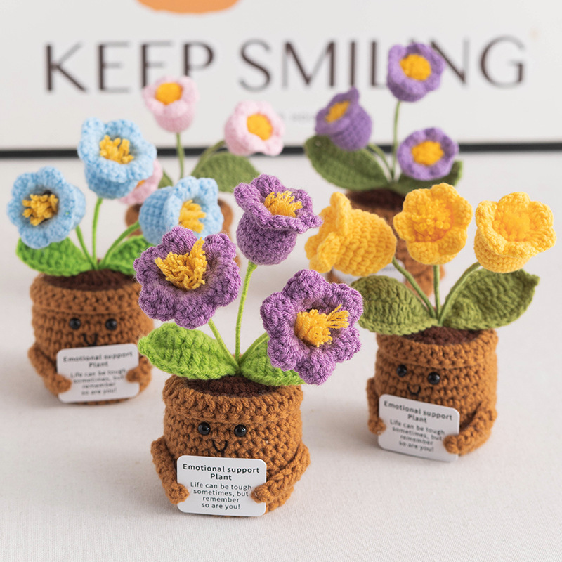 Cross-Border Plant Doll Positive Card Encouragement Doll Desktop Ornaments Potted Bouquet Finished Wool Knitted Potted Plants