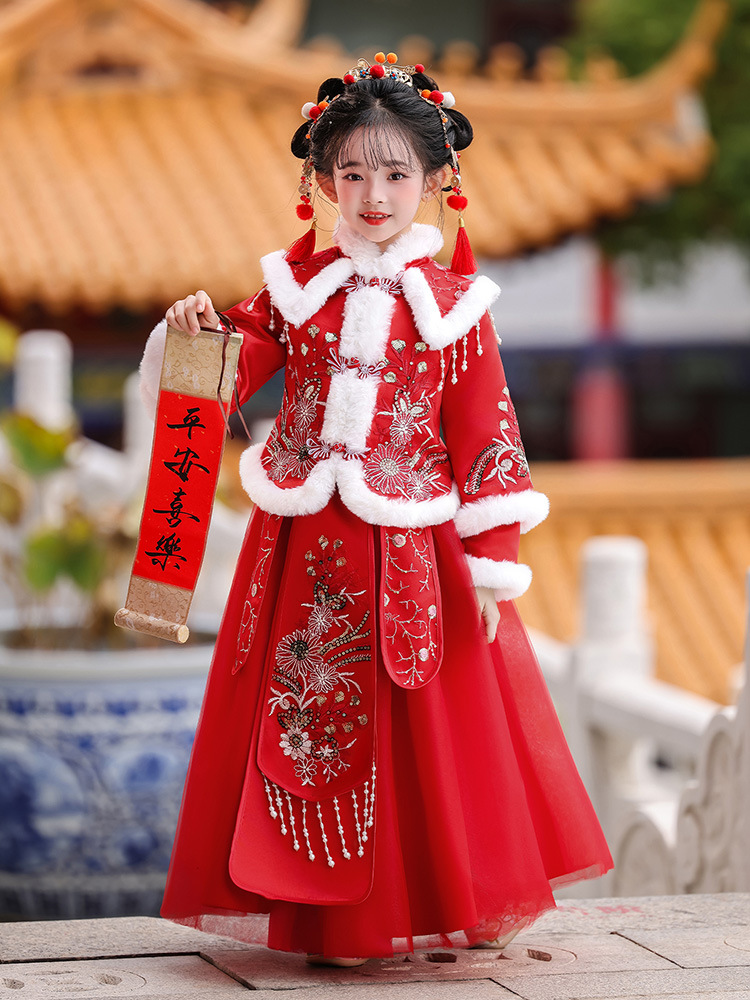 Little Girl Chinese Style Princess Dress Thickeneded Cloak Ancient Style Han Dynasty Girls Winter Clothing Fleece-Lined Suit Cloak New Year's Greetings Clothing