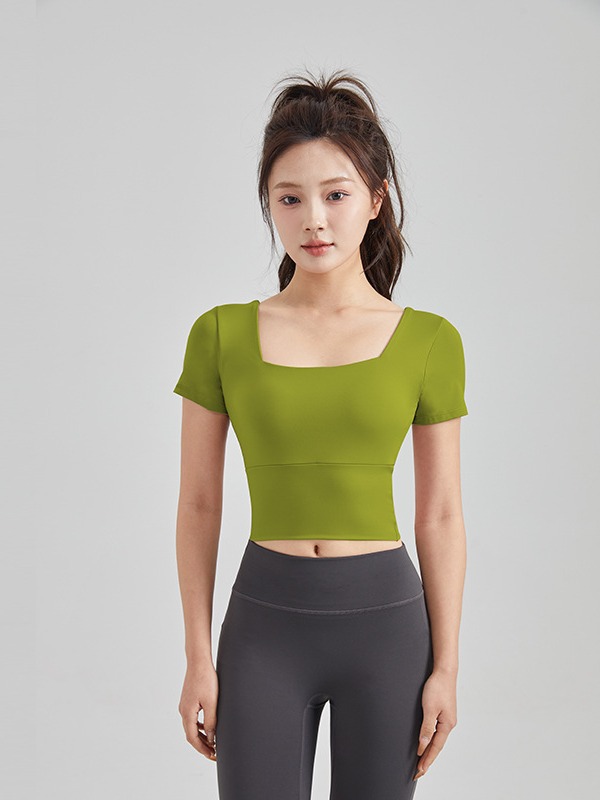 New LULU Square Neck Yoga Short Sleeve Sports Tight Quick-drying Fitness Top with Chest Mat Yoga Clothes Women's Summer