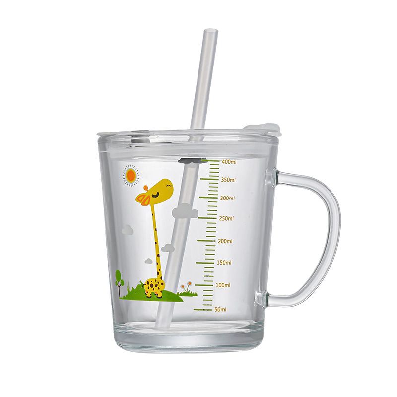 Wholesale Cartoon Children's Breakfast Milk Cup with Scale, Household Printed Glass Water Cup, Heat-Resistant Creative Handle Cup