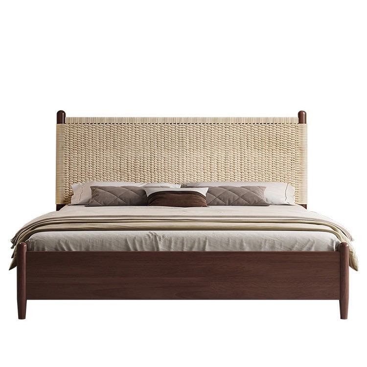 Scandinavian Mid-Century Style Bed Solid Wood Double Bed Simple New Chinoiserie Bedroom 1.8m Large Bed B&B Bed Rattan Bed 1.5m