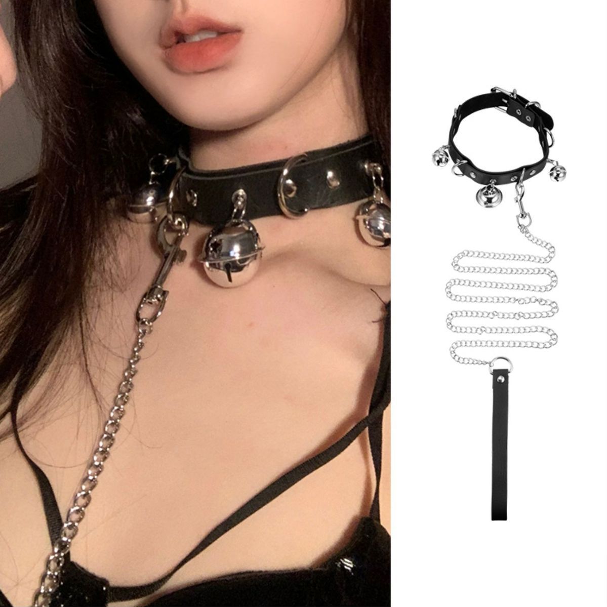 Choker Bell Collar Female Neck Strap Black PU Leather Neck Chain Female Clavicle Chain Male Chain Dog Chain Necklace Neck