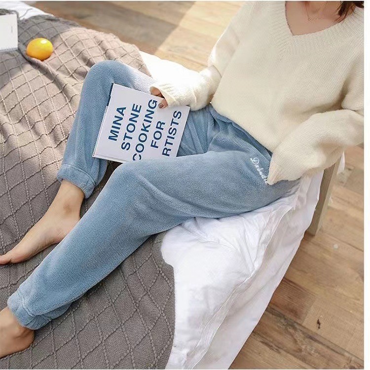 Warm coral fleece home couples casual lazy pajamas warm pants outer wear thick loose nine-point pajamas wholesale