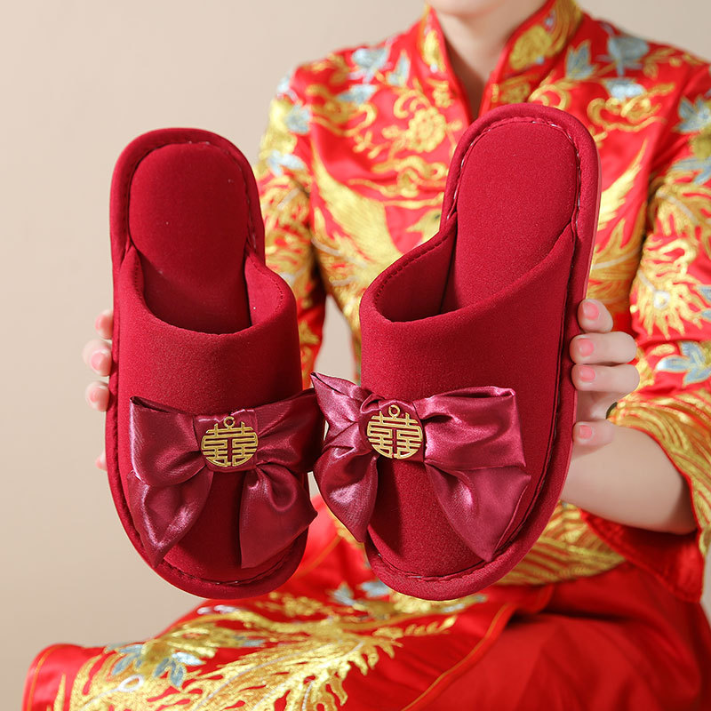 Wedding Slippers for Dowry Wedding Festive Red Pair of Bride Couple Winter Indoor Home Wedding Newlywed Slippers