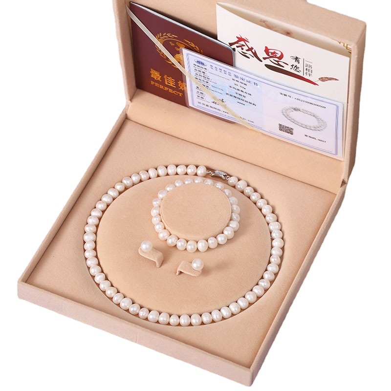 Zhuji Zhen Natural Freshwater Pearl Necklace Women's Three-Piece Clavicle Chain Jewelry Set Mother's Day Gift Live Broadcast