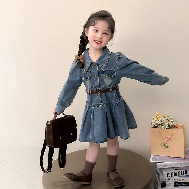 Girls Korean Polo Collar Cotton Denim Skirt 2025 Spring and Autum New Kidsren's Fashionable Retro Style Dress