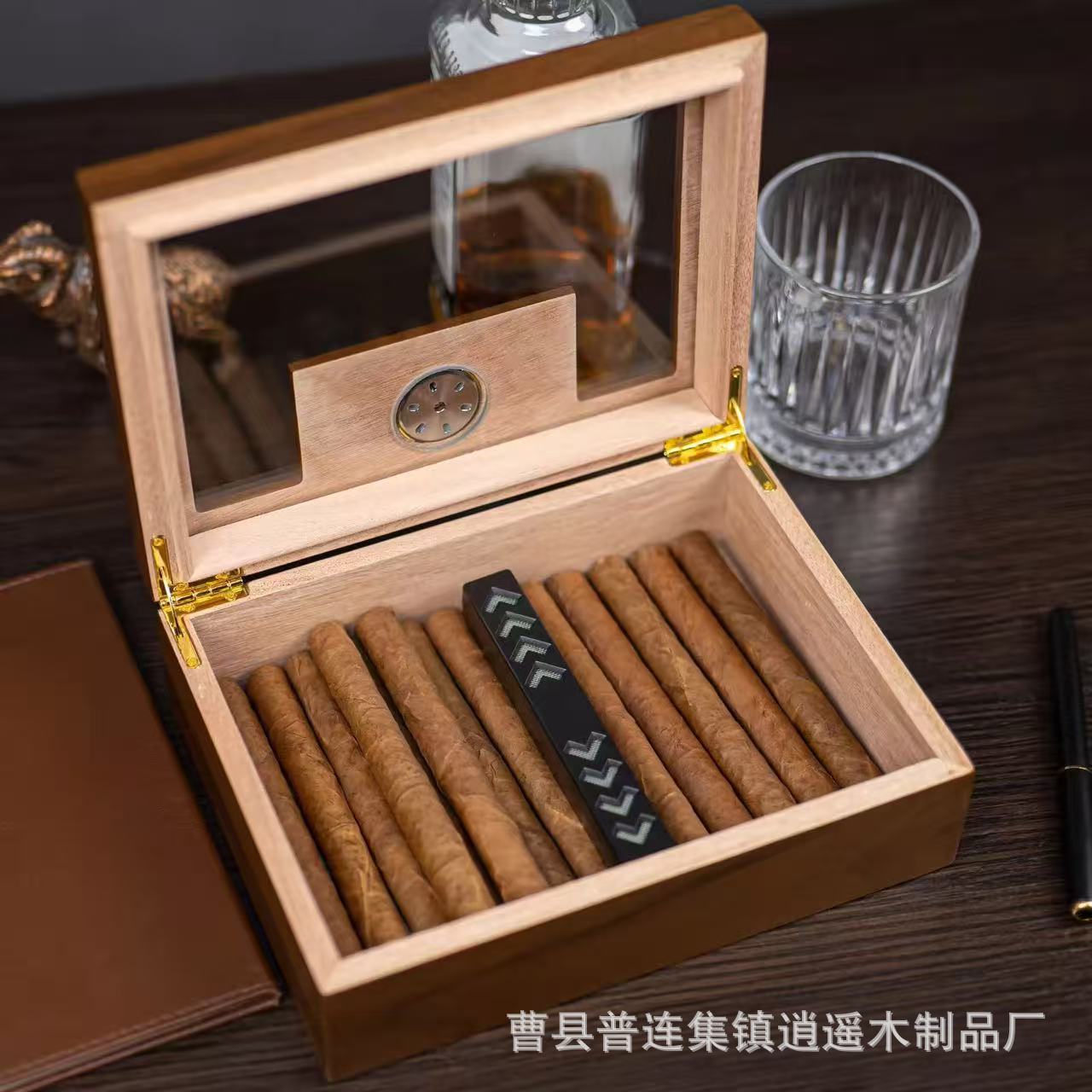 Household New Wooden Cigar Box Wooden Transparent Cover Cigar Storage Box Solid Wood Cigar Moisturizing Box Cigar Wooden Box