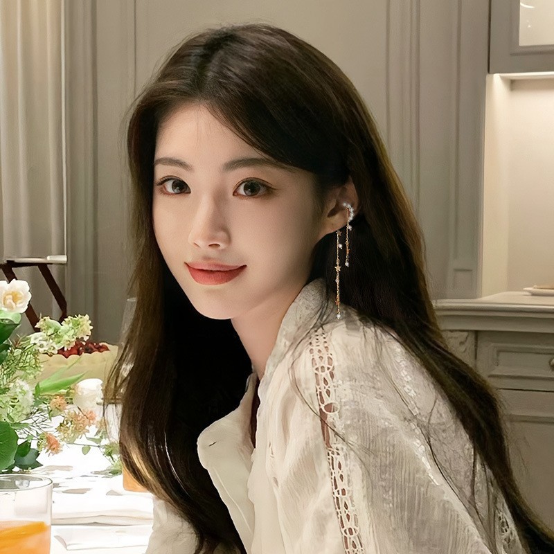 Pearl Star Tassel Ear Clip Women's Fashionable Stylish Long Pierced Earrings Simple and Exquisite Versatile Ear Hooks