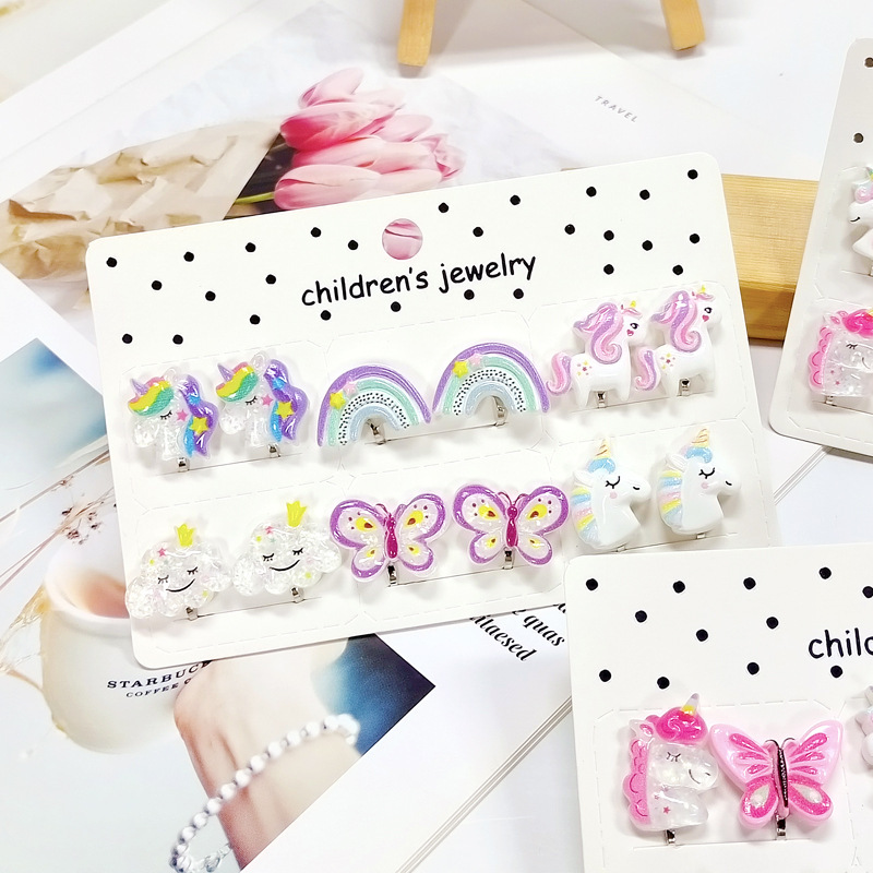 [Can] Children's Cute Earrings Cartoon Resin Pierced Ear Clips Little Girl Short Anti-Pain Earrings Ear Clips