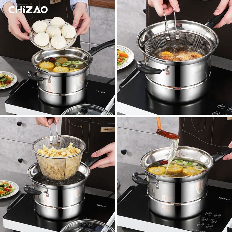 Amazon Cross-border Stainless Steel Fryer Household Multifunctional Soup Pot Steaming and Boiling Noodles Pot Gift Wholesale