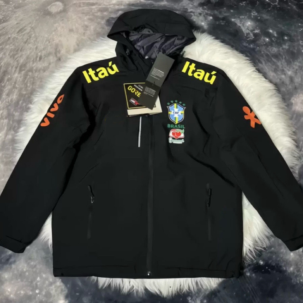 Brazilian Football Captain Sleeve Jacket, Fleece-Lined, Warm, Windproof, Waterproof, Hooded, Same Style as Neymar's Jacket