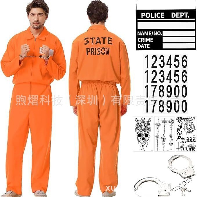 Cross Border Halloween cosplay Adult Prisoner Costume Jumpsuit Prisoner Costume suit Playing Costume Prison Uniform