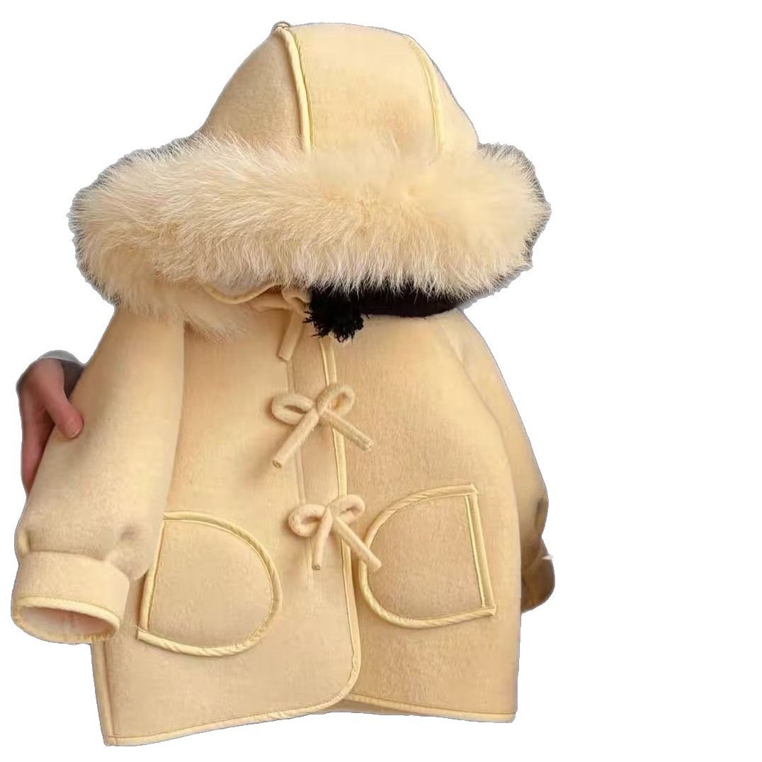 2024 Winter Korean Style Baby Girl New Year Children's Clothing Girls Bow Velvet Hooded Woolen Coat Warm Velvet Feel