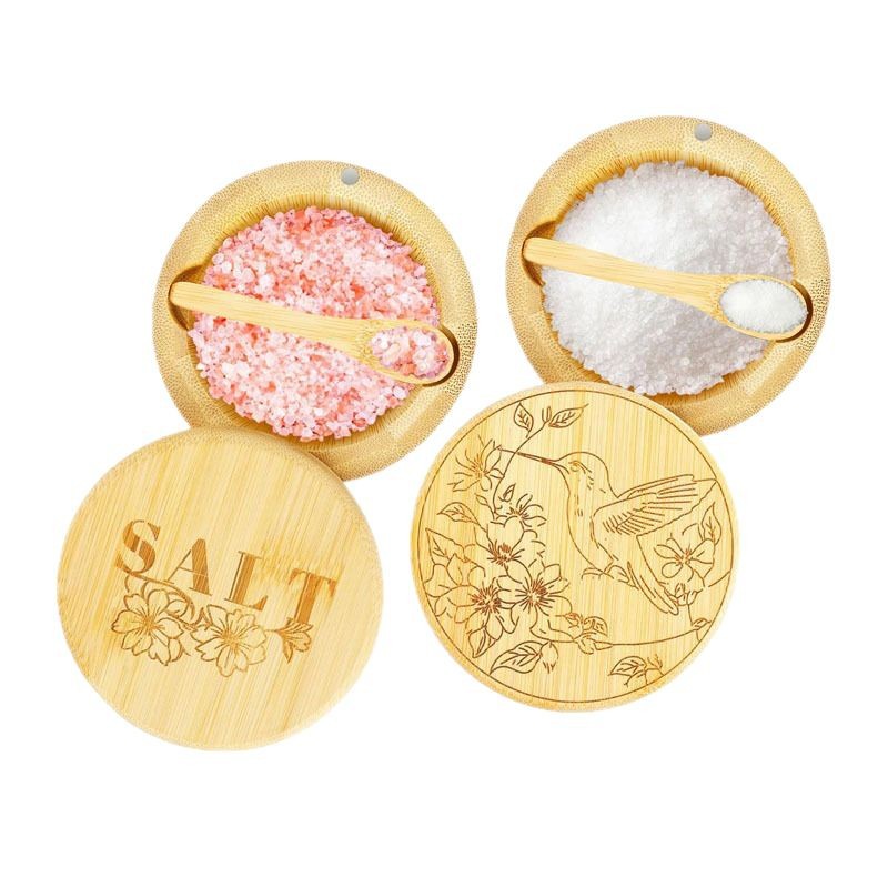 Bamboo Seasoning Storage Box Seasoning Jar with Lid Spoon Rotating Salt Jar Spice Jar Seasoning Bamboo Salt Bowl Container Box